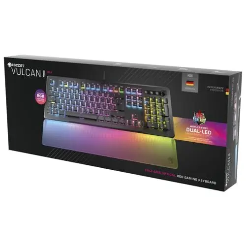 Produktbild: Roccat Vulcan II Max – Optische/Mechanische PC-Gaming-Tastatur, anpassbare RGB-beleuchtete Tasten und Handballenauflage, Titan Tasten-Switches, Aluminium-Abdeckplatte, schwarz