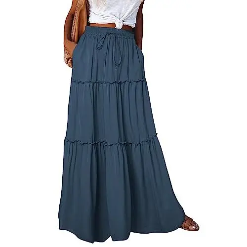 Produktbild: Rock Damen Lang Maxirock Sommer Röcke Leicht Und Luftig Elegant Sommerrock Boho A Linie Schichtung Kordelzug Midi Faltenrock Blumen Mit Taschen Gummizug Hippie Kleid 2XL