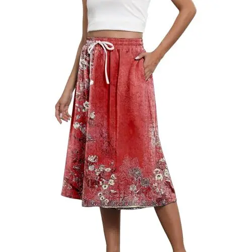 Produktbild: Rock Damen Lang Rock Damen Lang Casualrock Damen Lang Boho Blumen Rock Hoher Taille Sommerrock Elegant Elastischer A Linie Rock Freizeitrock Geteilte Midirock Strandrock Freizeitrock#1