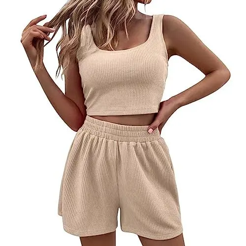 Produktbild: Rock Damen Sommer Zweiteiler Sommer Hosenanzug Elegant Outfits Kleidung 2 Teiler Set Crop Tank Top + Shorts Y2k Aesthetic Clothes Workout Sport Anzug c-Beige M