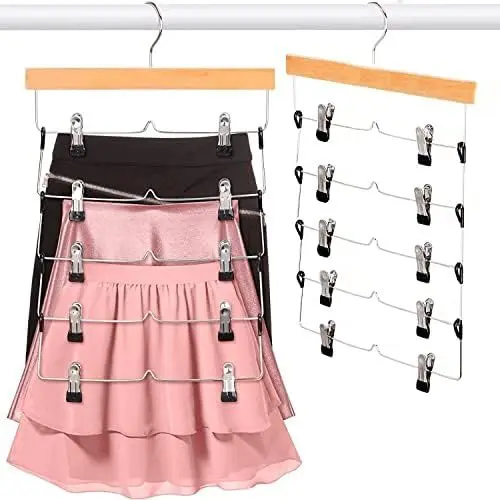 Produktbild: Rock Kleiderbügel platzsparend - ZriEy 2 Pack Buche Rock Kurze Kleiderbügel - rutschfest Frauen platzsparende Rock Kleiderbügel mit Clips - 5 Tier Rock Organizer Closet Organizers & Storage