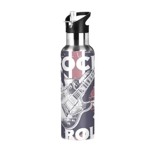 Produktbild: Rock Roll Gitarre Mit Britischer Flagge Trinkflasche Wasserflasche mit Strohhalm, Thermosflasche Vakuumisolierte aus Edelstahl 18/8, BPA-frei für Kinder Sport Wandern Schule (600ml/1L)