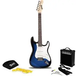 Produktbild: RockJam Full Size Electric Guitar Kit with 10-Watt Guitar Amp, Lessons, Strap, Gig Bag, Picks, Whammy, Lead and Spare Strings - BlueBurst
