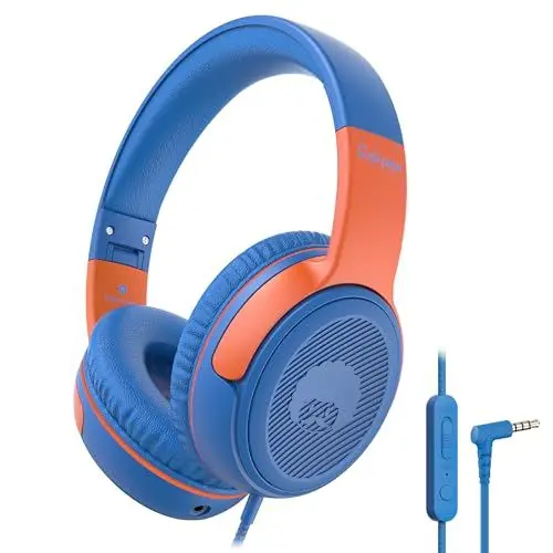 Produktbild: RockPapa Share 1 Kopfhörer Kinder Schule Mädchen Junge, 85dB/94dB Lautstärkebegrenzung, Sharing-Funktion, Faltbarer, Kinder kopfhörer mit Kabel und Mikrofon für Travel, Tablet, Handy, PC, Blau Orange