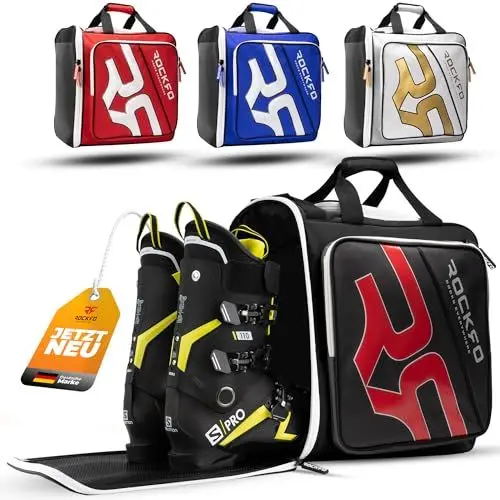 Produktbild: ROCKRO Skischuhtasche mit Helmfach - Robuste Tasche für Skischuhe - Wasserabweisende Skistiefeltasche mit Helmfach - Praktischer 7 Zonen Ski Rucksack für Ski Schuhe Helm Skibrille ( Rot - 49 L)