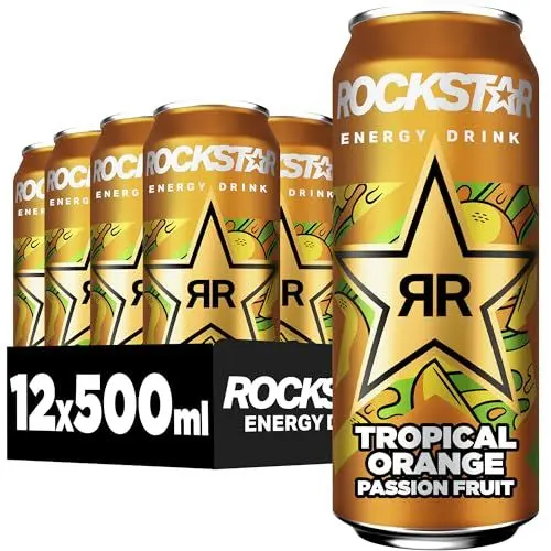 Produktbild: Rockstar Energy Drink Tropical Orange Passion Fruit Geschmack - Koffeinhaltiges Erfrischungsgetränk für den Energie Kick, EINWEG (12 x 500ml)