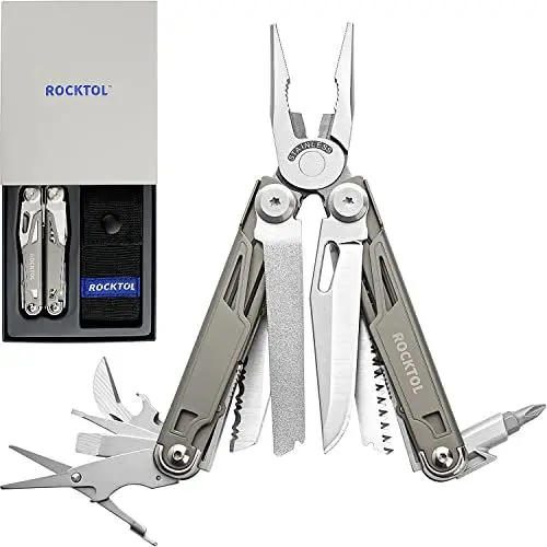 Produktbild: ROCKTOL Multifunktionszange,19-in-1-Multitool-Zange mit titanbeschichtetem Griff, Sicherheitsverriegelung, leichtem EDC-Werkzeug und Nylonscheide für Geschenke, Männer