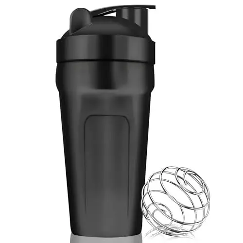 Produktbild: ROCKY&CHAO Shaker Proteinshake 900ml Edelstahl Protein Shaker Protein Eiweiß Shaker Becher mit Kugel Shaker Eiweiß Sport Fitness Bottle für Eiweiß, Diät und Fitness Shakes(mit Schnappdeckel |Schwarz)