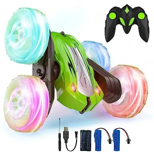 Produktbild: Rodzon Ferngesteuertes Auto 3 4 5 6 7 8 9 Jahre Spiele LED Blinken RC Auto Spielzeug Jungen Mädchen Geschenke Kinder Toy 2.4Ghz 4WD 360° Flipper Drift RC Car mit 2 Aufladbarer Batterien (Grün)
