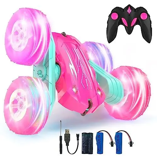 Produktbild: Rodzon Ferngesteuertes Auto Crawler 3 4 5 6 7 8 9+ Jahre Mädchen Spiele RC Auto mit LED Blinken Spielzeug Mädchen Geschenke Kinder Toy 2.4Ghz 4WD 360° Flip RC Car mit 2 Aufladbarer Batterien (Rosa)