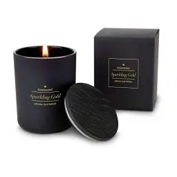Produktbild: Römer Wellness Geschenkartikel: ROMOSCENT Aromakerze Sparkling Gold im edlen, schwarzen Glas mit Holzdeckel·· Duftkerze für Drinnen und Draußen·· Maße: ca. 6 x 6 x 8 cm