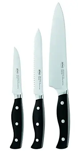 Produktbild: RÖSLE Barbecue-Messerset 3-tlg., Hochwertiges Kochmesser, Universalmesser, Gemüsemesser mit scharf geschliffener Klinge aus Klingenspezialstahl, genieteter Griff, 37 x 15,5 x 2,5 cm, Silber