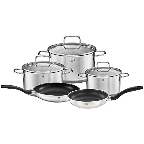 Produktbild: RÖSLE Basic Line Starter-Set 5-TLG., 3 Universaltöpfe, 2 Bratpfannen, Edelstahl 18/10, mit Glasdeckel und Schüttrand, induktionsgeeignet, spülmaschinengeeignet, Silber