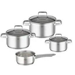 Produktbild: RÖSLE CHARM Topf-Set 4-tlg., hochwertiges Universaltopfset mit 3 Kochtöpfen und 1 Stielkasserolle, Edelstahl 18/10, Glasdeckel, Innenskalierung, induktionsgeeignet, spülmaschinengeeignet