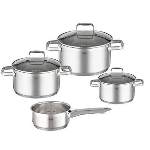 Produktbild: RÖSLE CHARM Topf-Set 4-tlg., hochwertiges Universaltopfset mit 3 Kochtöpfen und 1 Stielkasserolle, Edelstahl 18/10, Glasdeckel, Innenskalierung, induktionsgeeignet, spülmaschinengeeignet