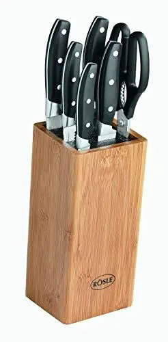 Produktbild: RÖSLE CUISINE Bürsten Messerblock, 7-tlg. Set: Bambusholzblock mit 5 scharfen Küchenmessern und einer Küchenschere, Klingenspezialstahl, Fingerschutz, scharfes Messerset für alle Schneidearbeiten