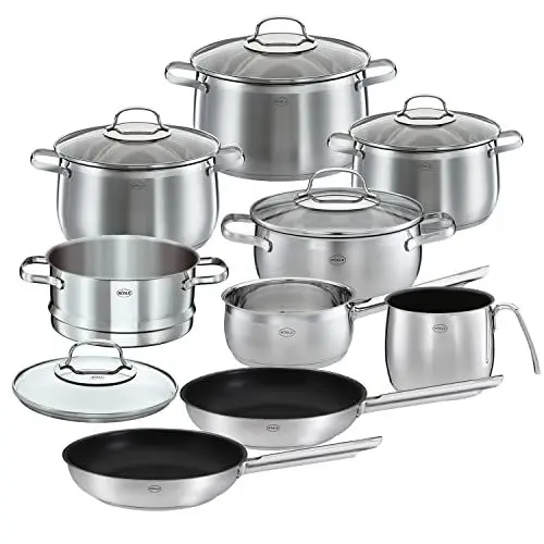 Produktbild: RÖSLE ELEGANCE GLOBE Topfset 10-tlg., 6 hochwertige Kochtöpfe, 1 Dämpfeinsatz, 2 Bratpfannen im Set, Edelstahl 18/10, mit Glasdeckel, spülmaschinengeeignet und induktionsgeeignet, Silberfarben