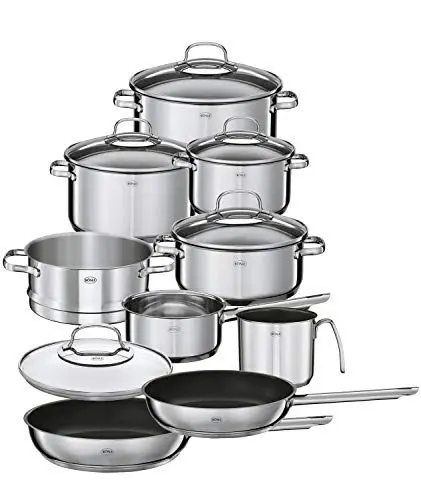 Produktbild: RÖSLE ELEGANCE Topfset 10-tlg., 6 hochwertige Kochtöpfe, 1 Dämpfeinsatz, 2 Bratpfannen im Set, Edelstahl 18/10, mit Glasdeckel und Innenskalierung, spülmaschinengeeignet