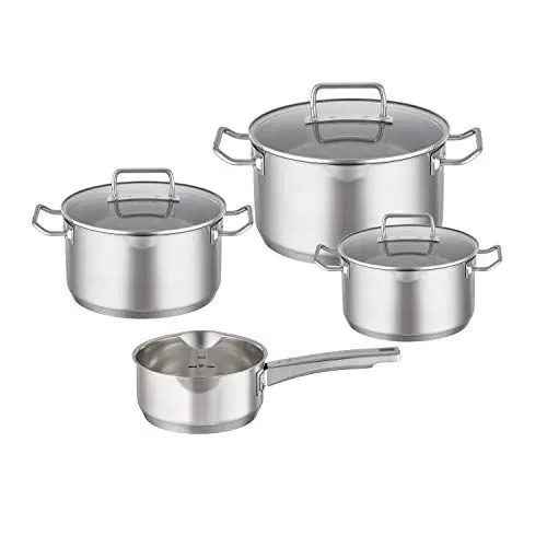 Produktbild: RÖSLE EXPERTISO Topf-Set 4-tlg., hochwertiges Universaltopfset mit 3 Kochtöpfen und 1 Stielkasserolle, Edelstahl 18/10, Glasdeckel, Innenskalierung, induktionsgeeignet, spülmaschinengeeignet