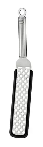 Produktbild: RÖSLE Flexibler Wender mit Lochung Silikon, Hochwertiger und extrem biegbarer Edelstahlwender mit Rundgriff und Aufhängeöse, Silikonrand, Edelstahl 18/10, 32 cm