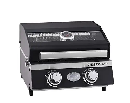 Produktbild: RÖSLE Gasgrill BBQ-Portable VIDERO G2-P, tragbarer Tischgrill mit 2 Edelstahlbrennern, Warmhalterost und Deckel mit Glaseinsatz sowie Deckelthermometer, pulverbeschichteter Stahl, 50 mbar