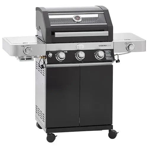Produktbild: RÖSLE Gasgrill BBQ-Station VIDERO G3-S Schwarz, Grill mit 3 Edelstahlbrennern, extra Primezone und Seitenbrenner, klappbare Seitentische, VARIO+, pulverbeschichteter Stahl