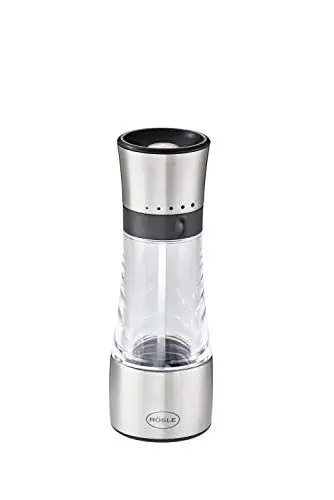 Produktbild: RÖSLE Gewürzmühle, Hochwertige Salz-/Pfeffermühle mit verstellbaren Mahlstufen für trockene Gewürze, einfaches Nachfüllen, Edelstahl 18/10, Silberfarben, Schwarz, Transparent