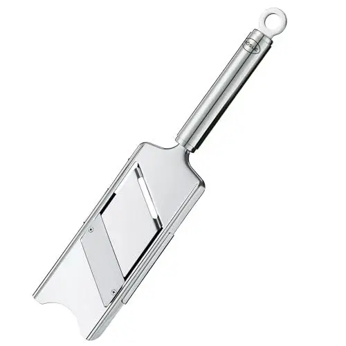 Produktbild: RÖSLE Gourmethobel Hochwertiger Hobel für Trüffel, feine Pilze, Parmesan / Radieschen, hauchdünne Scheiben, stufenlos verstellbar, Edelstahl 18/10, Rundgriff mit Aufhängeöse inkl. Restehalter, Silber