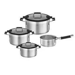 Produktbild: RÖSLE SILENCE PRO Topf-Set 4-teilig, hochwertiges Universaltopfset mit 3 Kochtöpfen und 1 Stielkasserolle, Edelstahl 18/10, Glasdeckel, Innenskalierung, induktion & spülmaschinengeeignet, Silberfarben