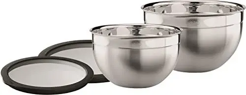 Produktbild: RÖSLE Schüssel-Set 2-tlg. und RÖSLE Frischhaltedeckel (Ø 20 und 24 cm), Hochwertige, formschöne Schüsseln aus Edelstahl zur Zubereitung und Aufbewahrung von Speisen, spülmaschinengeeignet Silberfarben