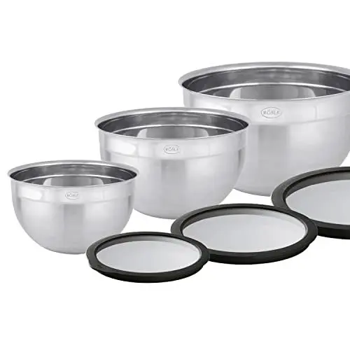 Produktbild: RÖSLE Schüssel-Set 3-tlg. Groß und RÖSLE Frischhaltedeckel (Ø 16, 20, 24 cm), Hochwertige, formschöne, aus Edelstahl zur Zubereitung und Aufbewahrung von Speisen, spülmaschinengeeignet