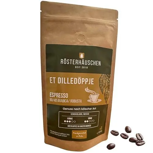Produktbild: Rösterhäuschen Espresso ganze Kaffeebohnen 500g - Regionaler Spezialitäten-Kaffee, handgeröstet auf Kölner Wochenmärkten, 60% Arabica, 40% Robusta, schokoladig-nussig, säurearm