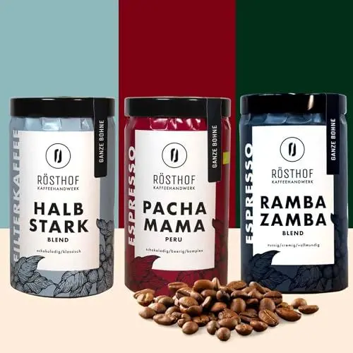 Produktbild: RÖSTHOF Kaffeehandwerk I Kaffeebohnen Vollautomaten-Set 3 x 250g Glas, Geschenkset ganze Bohnen, frisch und schonend von Hand geröstet, Cafe Crema Kaffeevollautomat Creme Kaffee Espresso