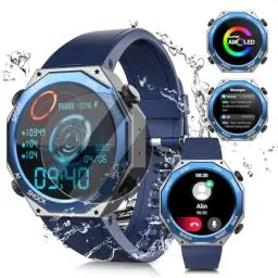 Produktbild: Rogbid Militär Smartwatch Herren mit Telefonfunktion 1.45 AMOLED Outdoor Uhr mit Herzfrequenzmonitor Schlafmonitor Blutdruckmessung Pulsuhr 680mAH IP69 Wasserdicht Smartwatch für Männer Android iOS