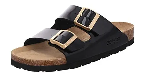 Produktbild: Rohde Damen Pantolette Lack Zwei Schnallen Kork Fußbett Alba 5576, Größe:38 EU, Farbe:Schwarz