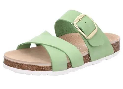 Produktbild: Rohde Damen Pantolette Schnalle Leder gekreuzte Riemen Kork Fußbett Elba 1715, Größe:38 EU, Farbe:Grün
