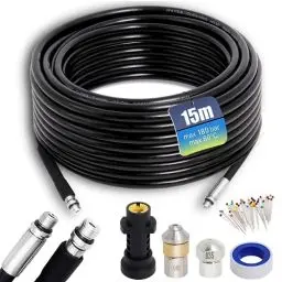 Produktbild: Rohrreinigungsschlauch 15m, Rohrreinigungs Set Kompatibel mit Kärhcer K2, K3, K4, K5, K6, K7, Hochdruckreiniger 180Bar 60°C für Verstopfung und Reinigung des Abflusses