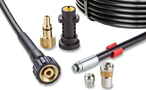 Produktbild: Rohrreinigungsschlauch für Hochdruckreiniger 30m, 200bar- Rohrreinigungsset geeignet für Kärcher, Parkside, Lavor, Bosch Professional – Starre Düse, Rotierende Düse KNOFER