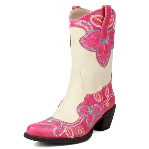 Produktbild: Roimaash Damen Embroidered Blumen Western Stiefel Mid High Mode Cowboy Stiefel Wide Calf Block Heels Pull on Runde Zehen Cowgirl Knöchel Stiefel Pink Size 44