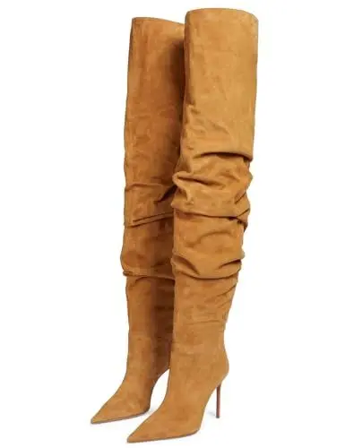 Produktbild: Roimaash Damen Fancy Slouchy Dress Stiefel Overknee Stiletto Thigh Hohe Stiefel Pointed Toe Pull on Party Dress Stiefel Wide Calf Camel Size 38