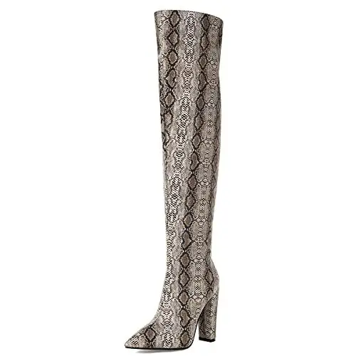 Produktbild: Roimaash Damen Mode OverKniestiefel Block Heels Pointed Toe Pull on Thight High Stiefel Party Heels Slouch Stiefel Pull on Animal Print Snake Size 37
