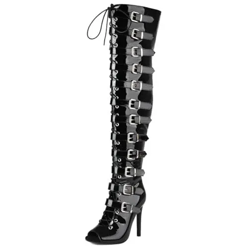 Produktbild: Roimaash Damen Peep Toe OverKniestiefel Schnalle Goth Stiefel Klein Absatz Hohen Lack Black Punk Lange Stiefel Performance Heels Plus Black Size 43