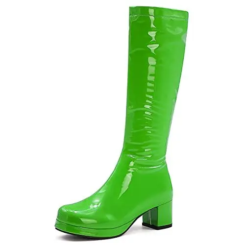 Produktbild: Roimaash Damen Plateau Gogo Stiefel Knee High Zipper up Jahrgang 70's 80's Stiefel Block Mid Heel Plateau Party Heels Lange Stiefel Lack Green Size 45