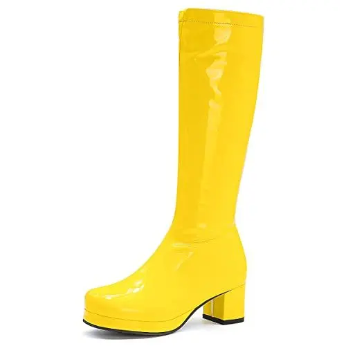 Produktbild: Roimaash Damen Plateau Gogo Stiefel Knee High Zipper up Jahrgang 70's 80's Stiefel Block Mid Heel Plateau Party Heels Lange Stiefel Lack Yellow Size 39