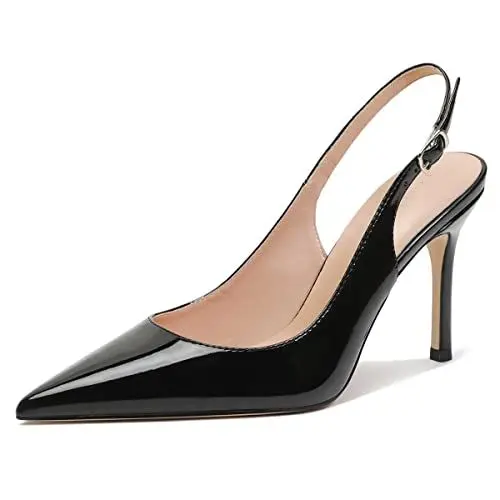 Produktbild: Roimaash Damen Slingback Elegant Arbeit Pumps Stiletto Pointed Toe Formal Business Schohe Ohne Verschluss Hochzeit Dress Schohe Lack Black Size 9.5