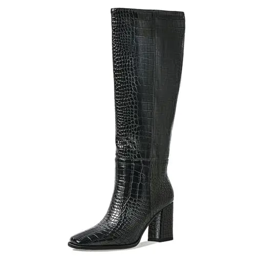Produktbild: Roimaash Elegant Dressy Black Kniestiefel für Damen Riding Stiefel Wide Calf Hohe Stiefel Zipper DaHerren Knee-Hohe Stiefel Block Heels Botas para Mujer Altas Leder Size 7.5