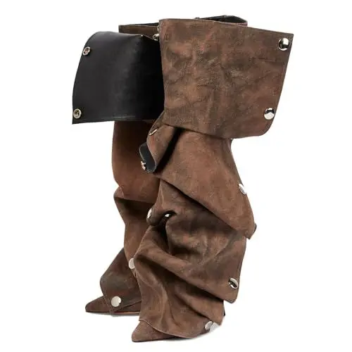Produktbild: Roimaash Fancy Slouch Dress Stiefel Knee High Stiletto Covered Pointed Toe Stiefel Applique Snap Button Denim Stiefel Catwalk Schuhe Khaki Plus Size 39
