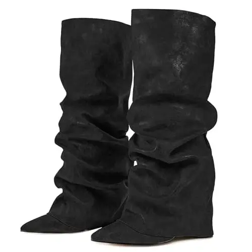 Produktbild: Roimaash Jahrgang Blockabsatz Fold Over Stiefel für Frauen - Wide Calf Pull-On Shark Boots, Pointy Pleated Party Heels, Schwarz, Größe 45