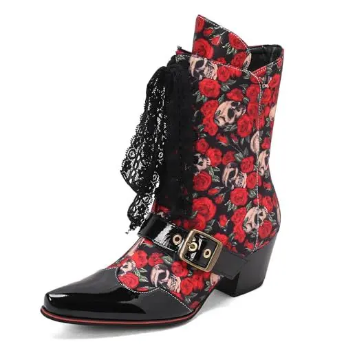 Produktbild: Roimaash Jahrgang Stiefel für Damen Schnüren Victorian Stiefel 70s Western Stiefel Ankle High Blumen Schnalle Belt Witch Costume Goth Stiefel Red Size 43