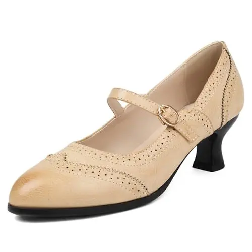 Produktbild: Roimaash Klassischer Damen Brogue Schuhe Ohne Verschluss Flach Mary Janes Pumps T Riemen Schule Uniform Schuhe for Students Runde Zehen Cosplay Pumps Beige Size 45